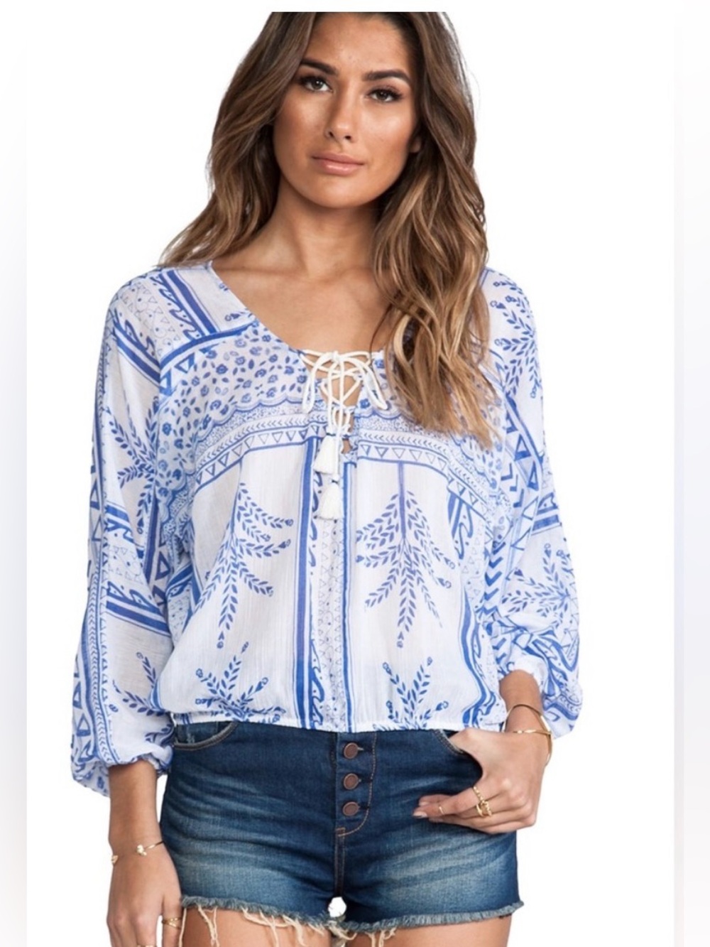 FREE PEOPLE Yo Yo Geo Peasant Blouse Blue & White Size Small